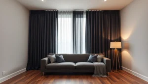 Verduisterende gordijnen in een stijlvolle woonkamer die een elegantere sfeer creëren.