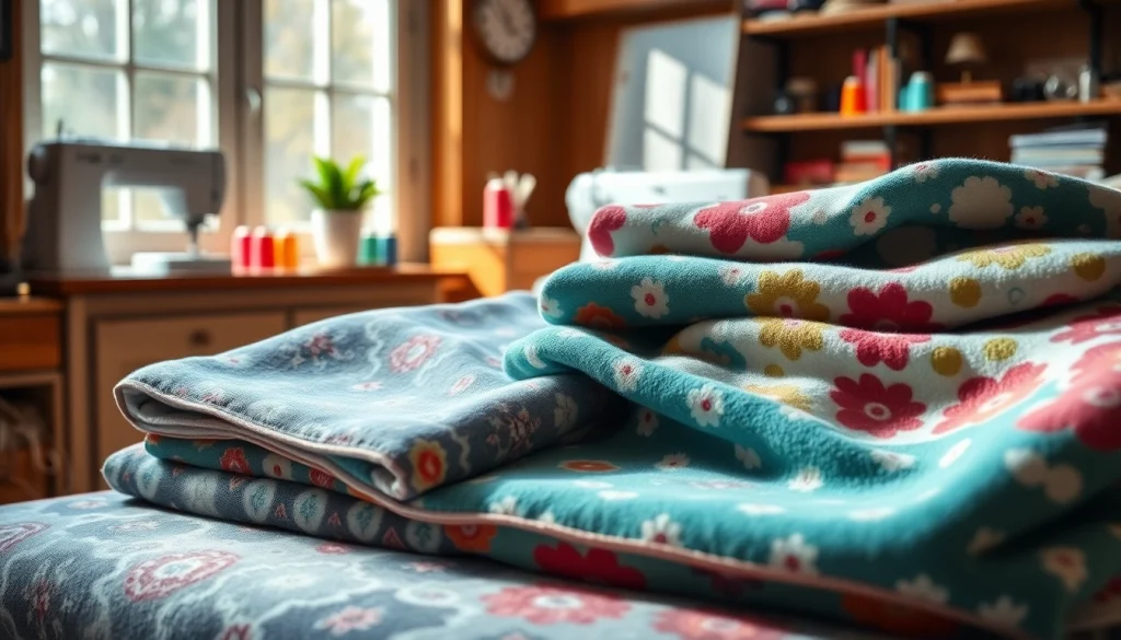 Bekijk gedessineerde fleece stoffen in een gezellige naai studio met natuurlijk licht.