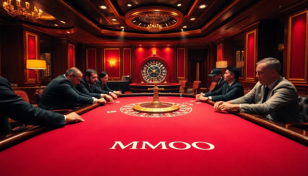 Players enjoying a thrilling poker game showcasing MMOO casino excitement with chips and cards.