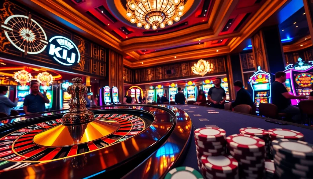 KJC casino scene showcasing vibrant tables, dynamic players, and excitement in gambling activities.