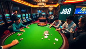 J88 casino poker table scene with vibrant energy and luxury elements.