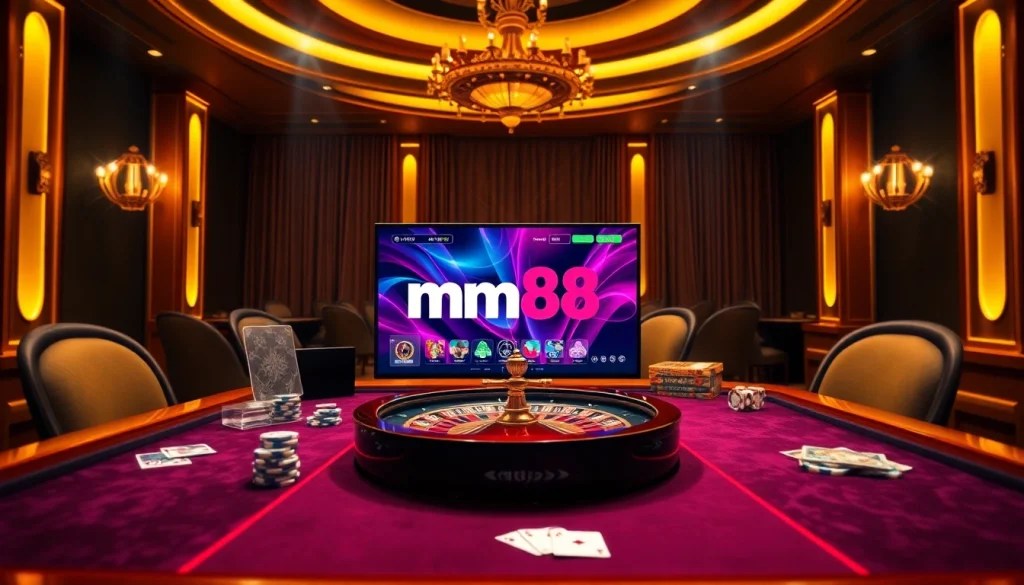 An exciting mm88 gaming scene showcasing poker chips and a roulette wheel on a vibrant table.