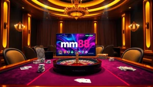 An exciting mm88 gaming scene showcasing poker chips and a roulette wheel on a vibrant table.