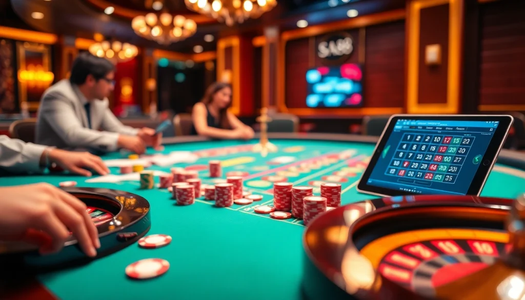 SA88 card game action with vibrant Baccarat table and poker chips in a luxurious casino environment.