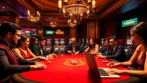 Vibrant poker game scene at U888, showcasing players and chips in a luxurious casino setting.