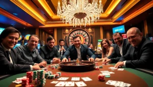 Players engaging in poker at a high-end casino with vibrant elements showcasing s8ok.com.