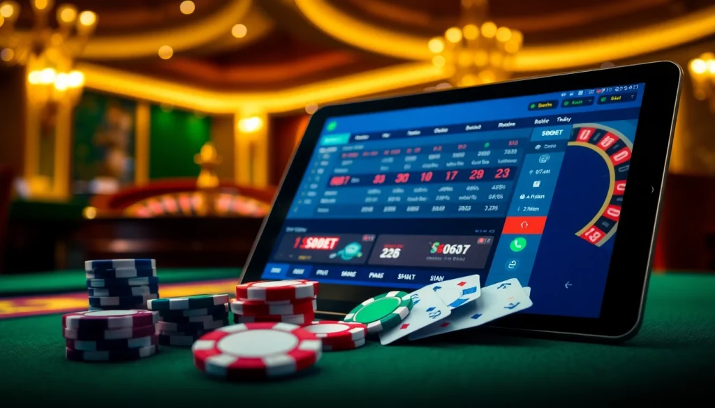 SBOBET online betting interface with poker chips and casino ambiance for an exciting gambling experience.