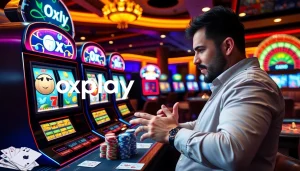 Engaging Oxplay logo displays as a player spins classic slot machines in vibrant casino atmosphere.