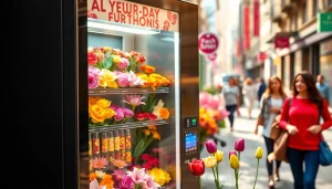 Fresh flower vending machine displaying a variety of floral arrangements in an urban setting.