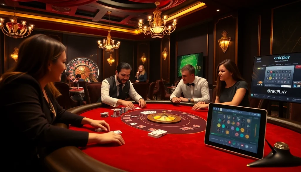 Experience onicplay's thrilling casino atmosphere with a poker table, chips, and cards.