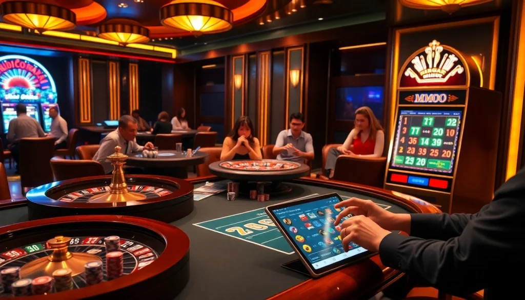 Engaging in the thrill of chơi game mmoo at a luxurious casino table.