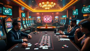 Experience the thrill of KJC gaming within a dynamic casino atmosphere featuring poker tables and slot machines.