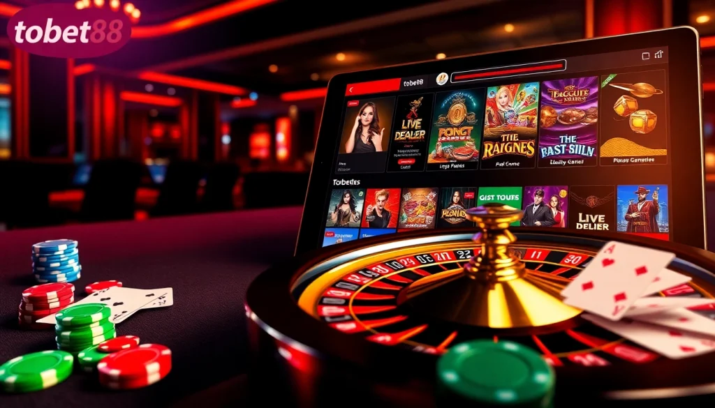 Tobet88 showcases an exciting online casino experience with vibrant roulette, poker chips, and a digital tablet displaying gaming options.