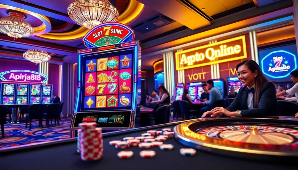Engaged players enjoying thrilling gameplay on slot online apiraja88 at a luxurious casino.