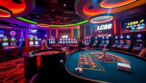 Players engaging with an exciting casino atmosphere at Lc88, capturing the thrill of gambling action.