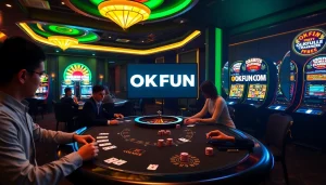 Intense poker gameplay at an elegant casino featuring OKFUN COM for thrilling online betting.