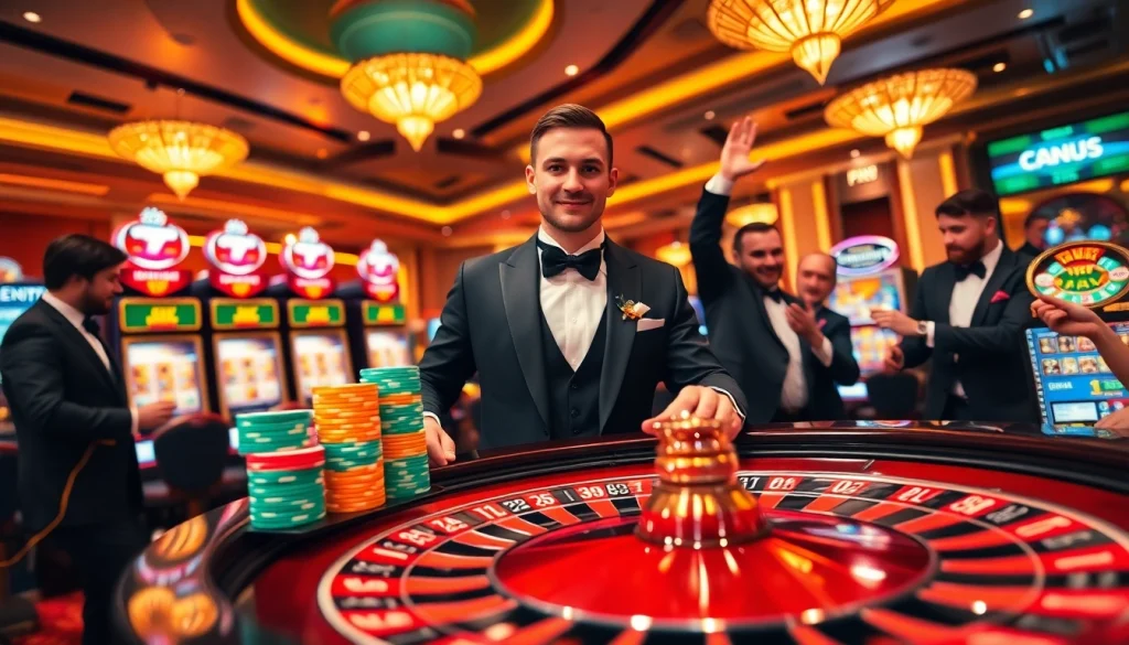Exciting casino atmosphere with players celebrating at https://789paka.com roulette table.