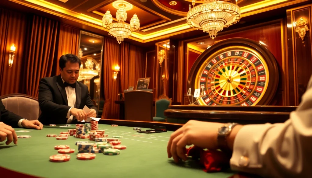 Players enjoying an intense game of luck8 at a vibrant casino table.