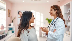 患者と皮膚科医の間で女性の薄毛治療を相談している専門クリニックの場面。