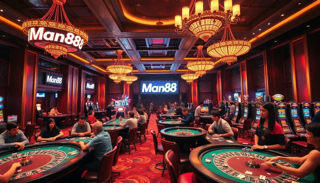 Players enjoying games at Man88 casino with vibrant tables and exciting atmosphere.
