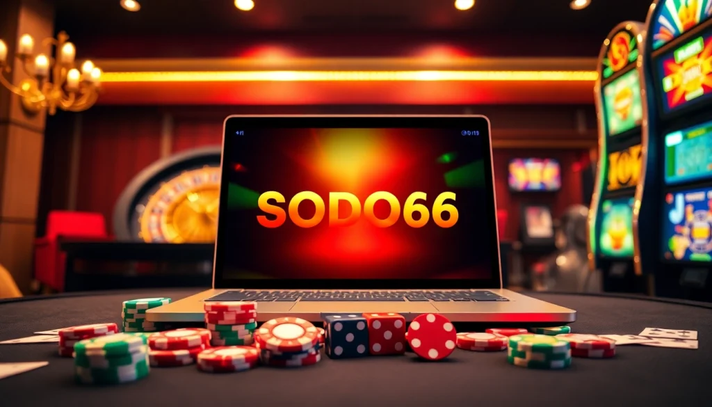 SODO66 vibrant online casino scene with poker chips, roulette wheel, and glowing slot machine.