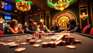 Experience thrilling casino action with BDJL poker chips and cards on a luxurious gambling table.