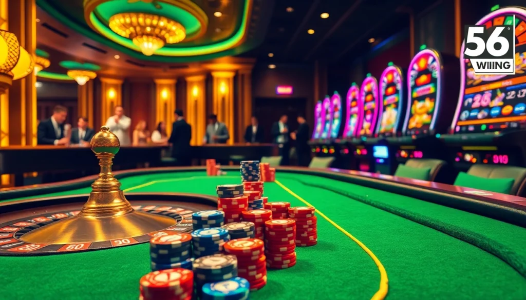 Players celebrate a big win at the 56 WIN casino tables, surrounded by colorful chips and slot machines.