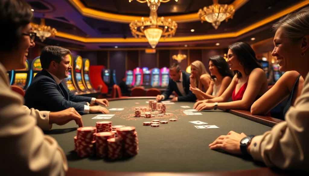 S8 casino players enjoying a thrilling poker game at an elegant table with high-quality chips.