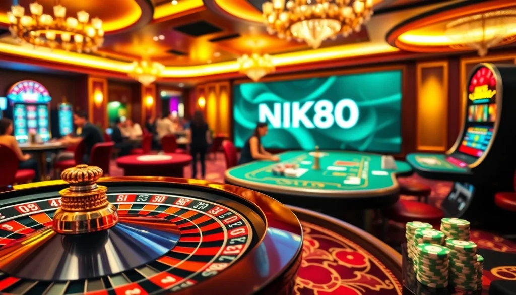 Navigating the excitement of NK88 slots in a vibrant casino atmosphere filled with roulette and poker.