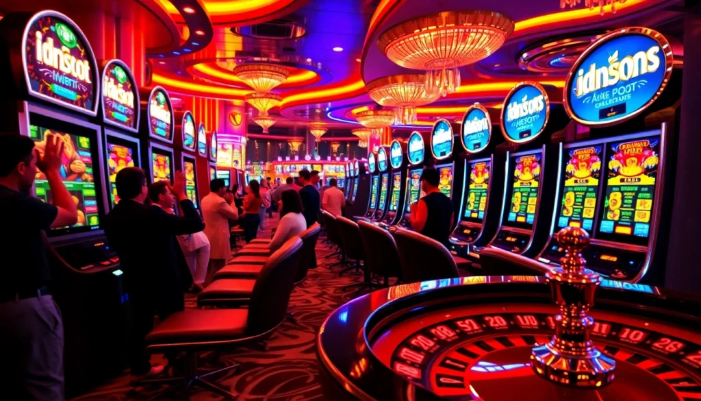 Players enjoying the idnslot gaming experience at a vibrant casino with lively atmosphere.