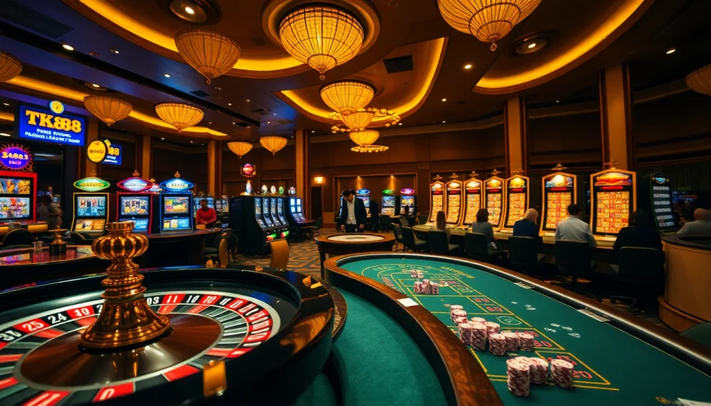 Experience the excitement of TK88 casino gaming with vibrant tables and slot machines.