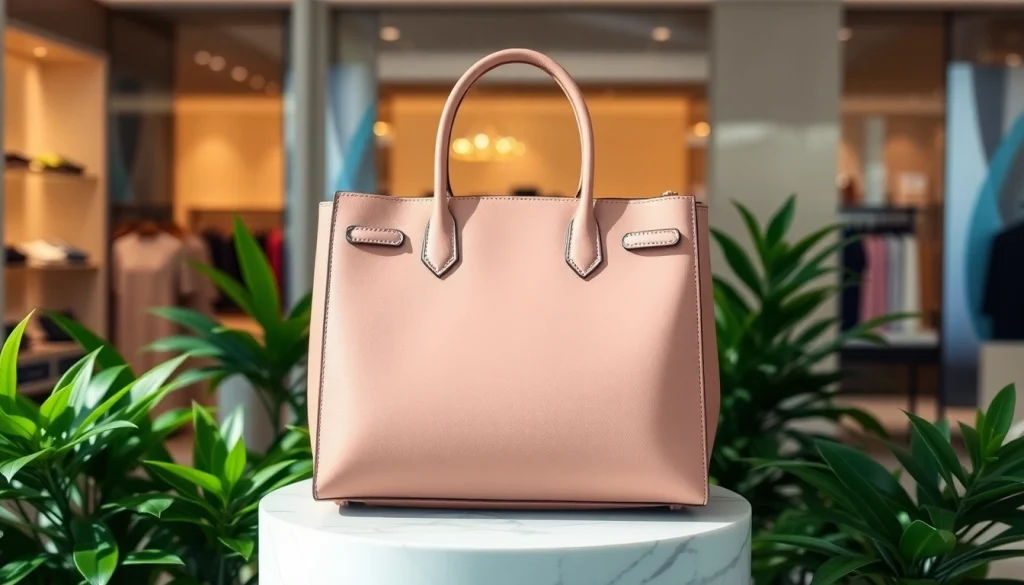 레플리카 고급 핸드백이 대리석 받침대 위에 우아하게 전시된 모습