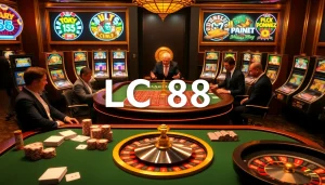Engaging scene of luxury casino gaming with poker chips, cards, and LC 88 roulette wheel.