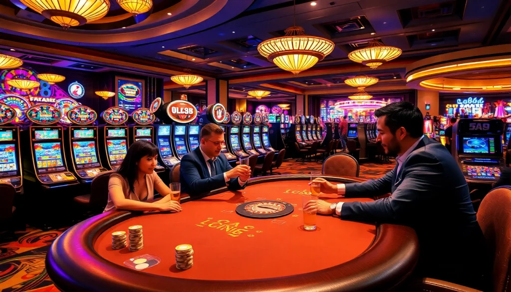 Players experiencing excitement at the LC88 casino poker table amidst vibrant slot machines and roulette wheels.