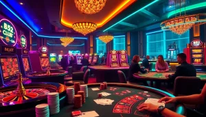 B52club poker players enjoy a vibrant casino scene featuring colorful tables and chips.