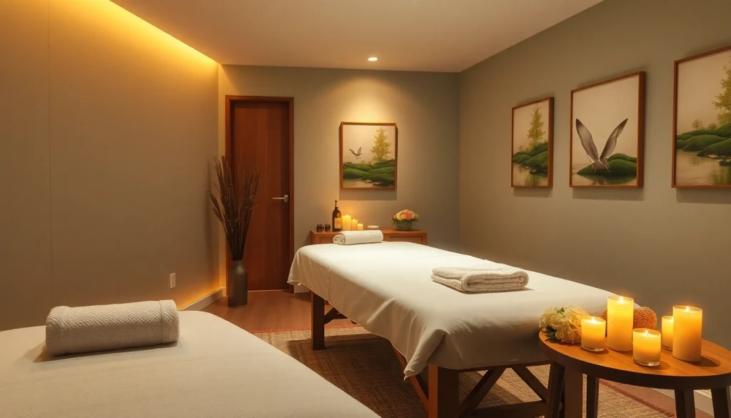출장마사지용 차분한 마사지 치료실의 매력적인 장면으로, 에센셜 오일과 차분한 인테리어가 돋보입니다.