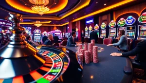 Players eagerly engaging at RR88 casino tables, showcasing poker chips and a roulette wheel.