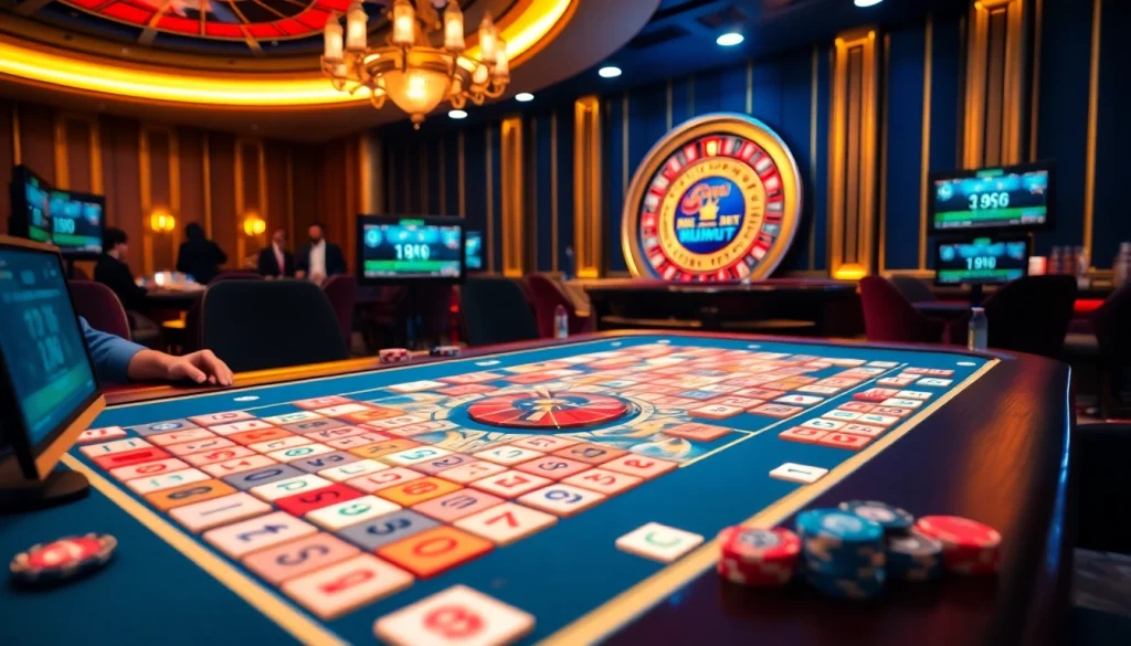Engage with רמיקוב אונליין through vibrant tile gameplay at a luxurious casino setting.