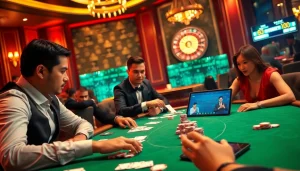 Engaging high-stakes poker game at nhà cái vua99 with vibrant atmosphere and luxury elements.