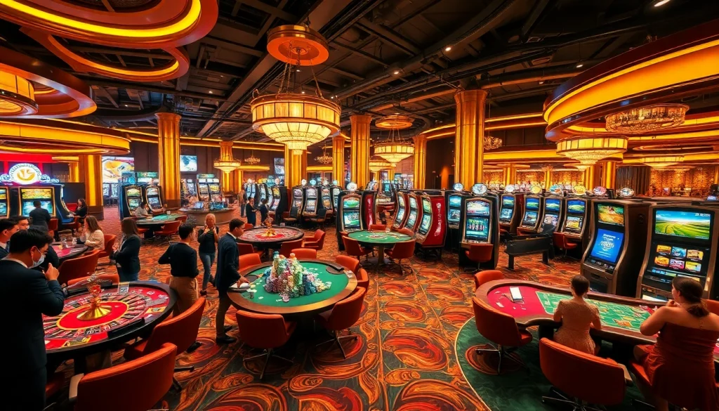 Exciting casino scene with xx88 themed tables, vibrant lights, and enthusiastic gamblers enjoying their games.