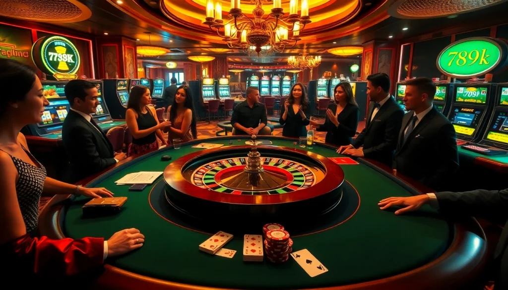 Players enjoying an upscale casino experience with a roulette wheel and cards, highlighting 789K excitement.