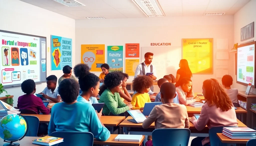 Dynamic classroom showcasing innovative education practices with diverse students learning collaboratively.