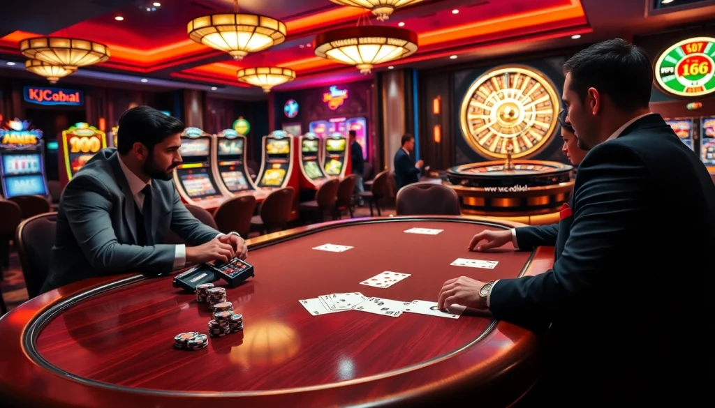 Experience high-stakes action at KJC Global's exciting poker table with vibrant chips and strategic gameplay.