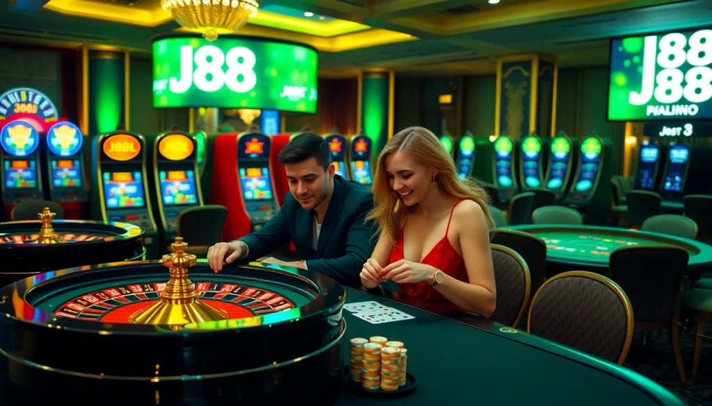 Players engage in thrilling games while enjoying j88 promotions at a vibrant casino.