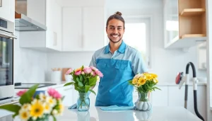 Cleaning Services Near Fort Lee, NJ: A professional cleaner in a modern kitchen showcasing effective cleaning techniques.