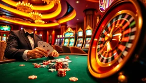 Experience thrilling moments at the casino with hay win as dealers shuffle cards and roulette wheels spin.
