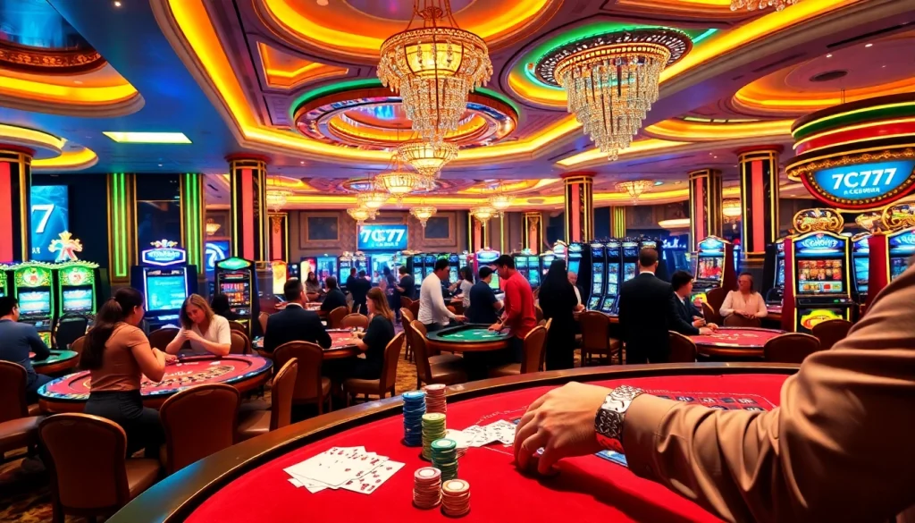 Engaging players at 7C77 casino tables with colorful chips and vibrant atmosphere