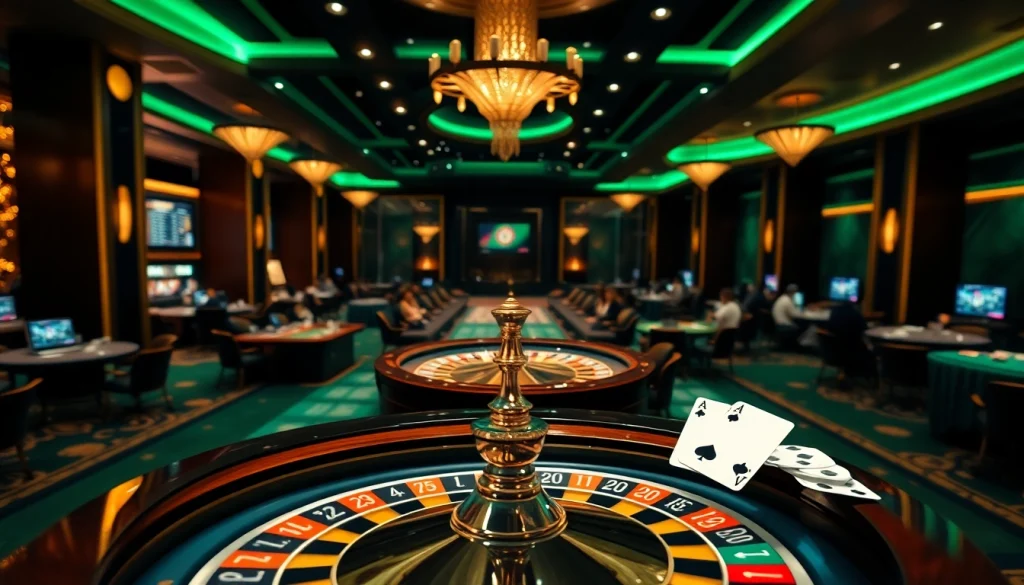 Exciting gaming scene at gg88 biz with roulette and poker chips illuminating a modern online casino atmosphere.