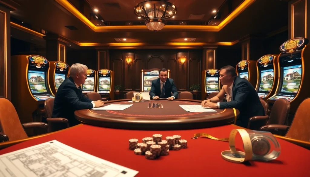 Engage in house extension construction strategies while enjoying a luxurious casino experience with blueprints and cards.