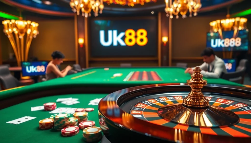 UK88 casino table featuring engaging players and vibrant poker chips in a thrilling gaming atmosphere.